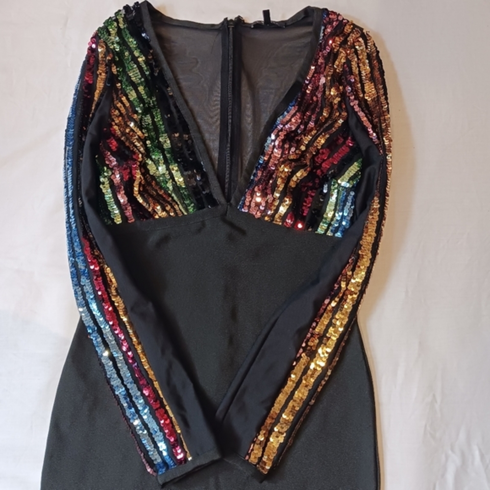WOW Couture Black Rainbow Sequin Long Sleeve Body Con Dress Sz. M